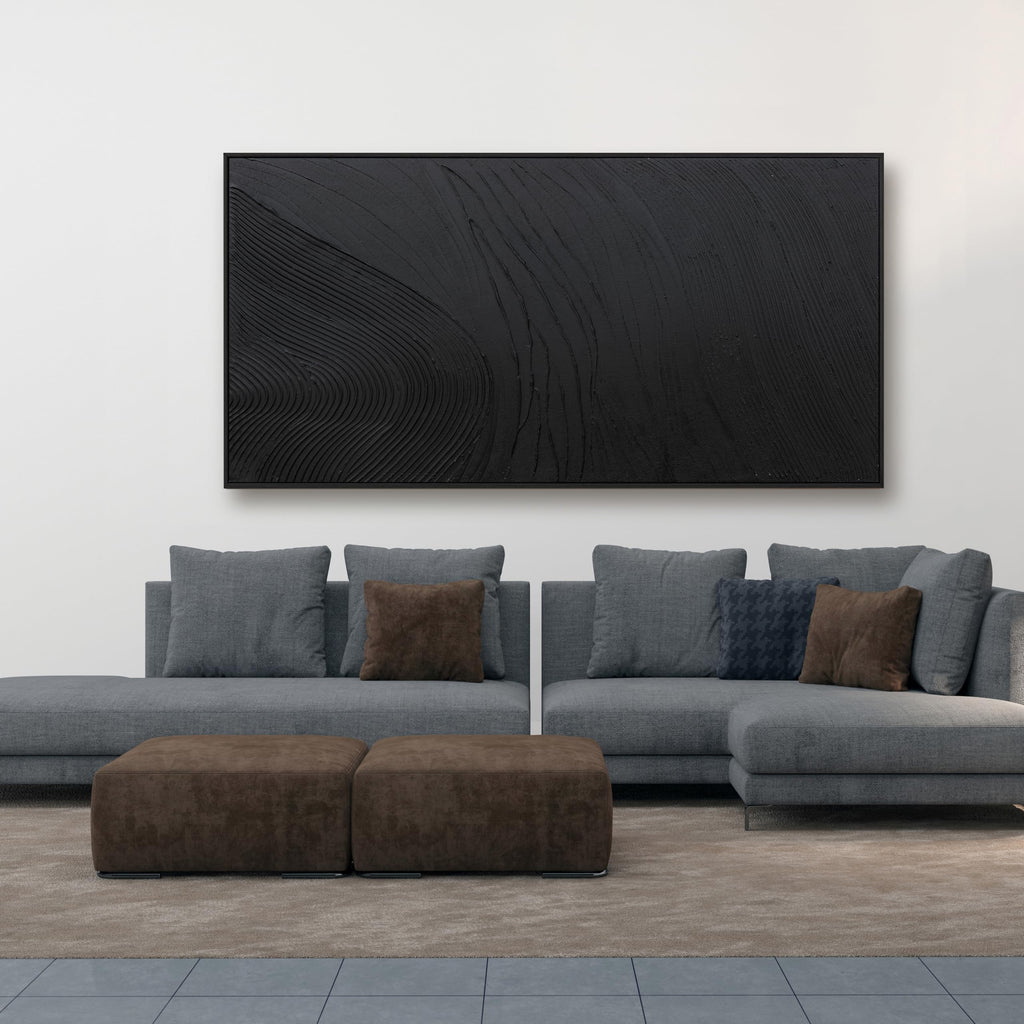 Framed Black Hand Painted Abstract Wall Art 24"X 48"