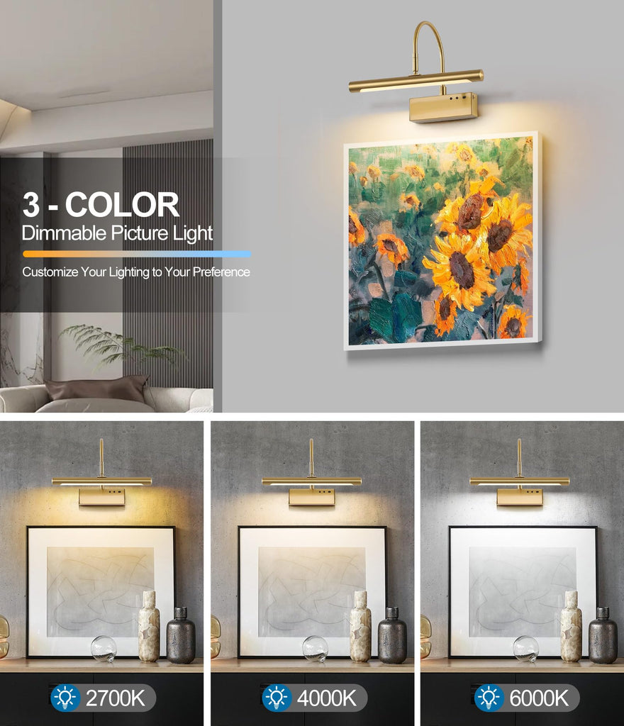 Wireless LED Picture Light, Coredless Art Lighting for Wall, Brass Battery Frame Light with Remote, 3 Color Tone &