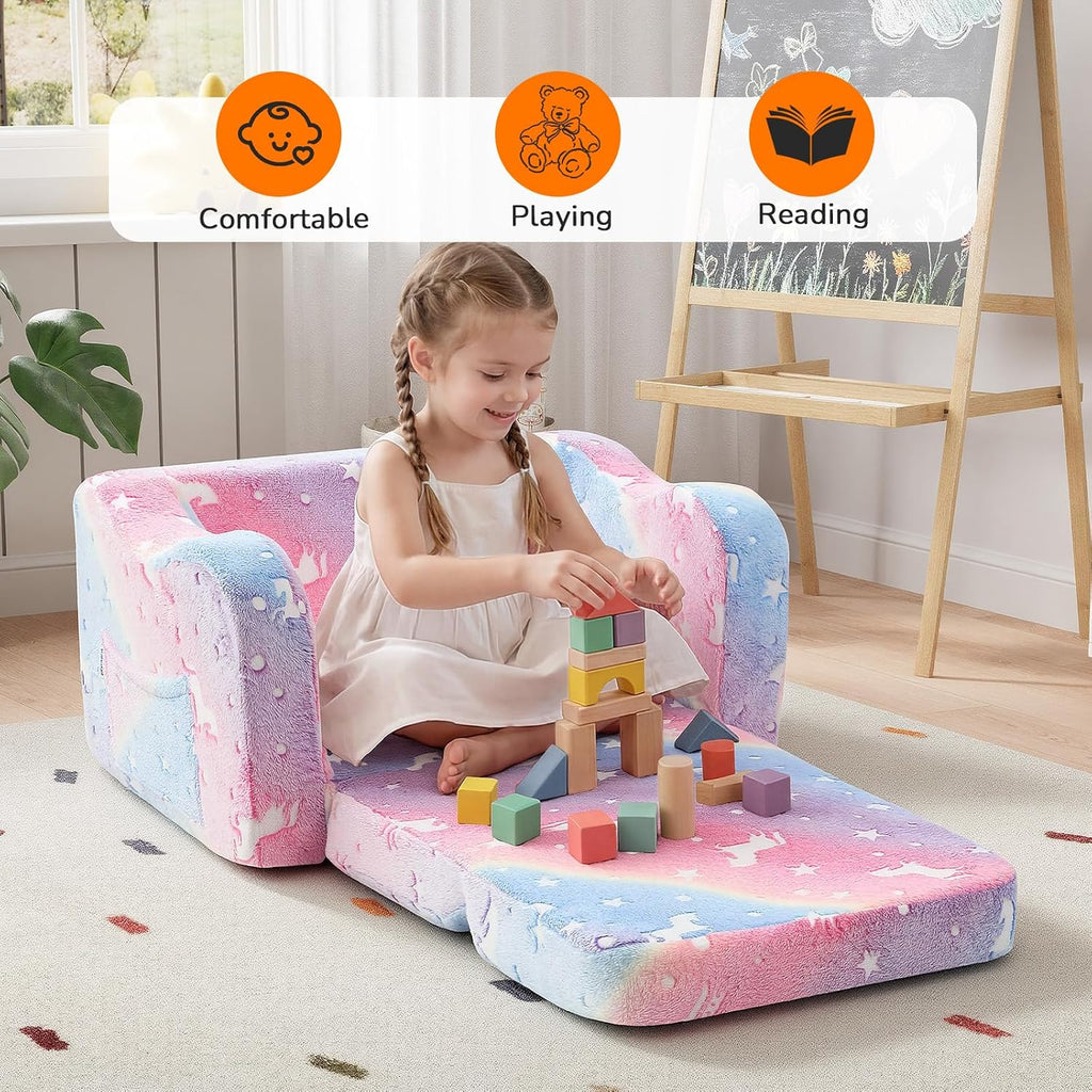 Kids Couch, Glow Dark Rainbow Unicorn Fold Out Plush Sofa, Girls