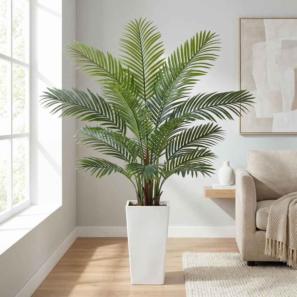 5FT Palm Tree Artificial with 19 Leaves, Lifelike Artificial Plants Indoor with White Tall Planter Outdoor