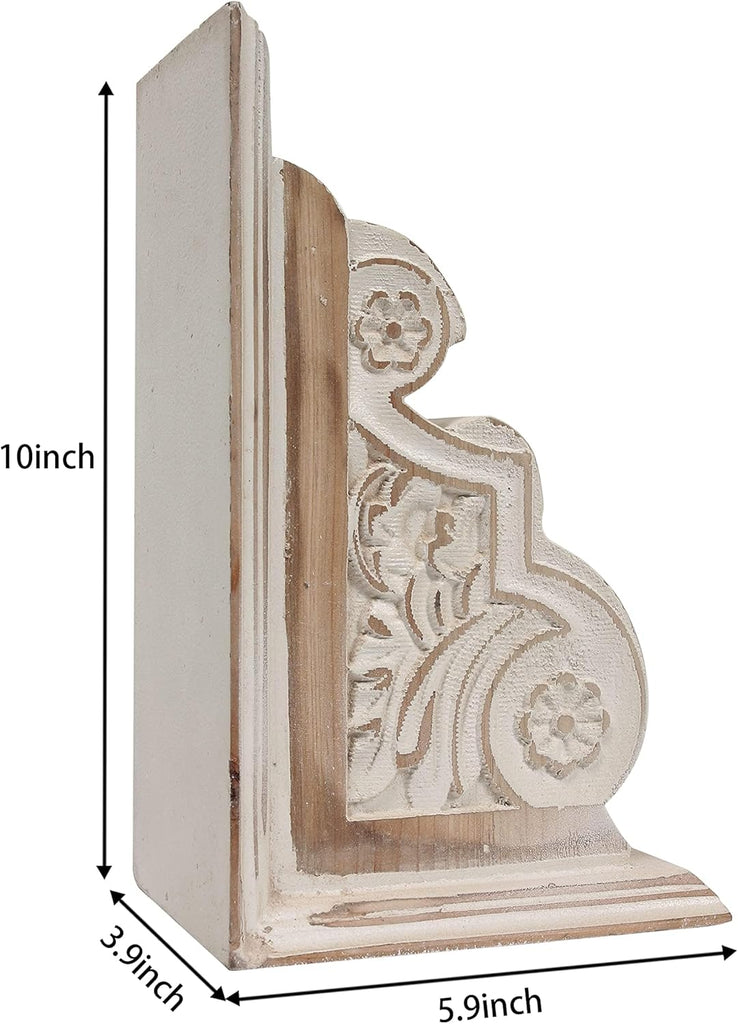 1 Pair Rustic Handmade Distressed White Wood Bookends, Carved Pattern | Unique Decorative Heavy Book Holder
