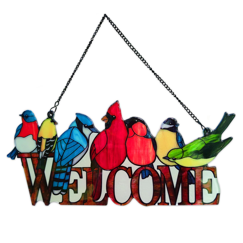 Birds On Branch Stained Glass Suncatcher Cardinal Hummingbird Kingfisher Double Side Glass Panel Window Hanging Decor