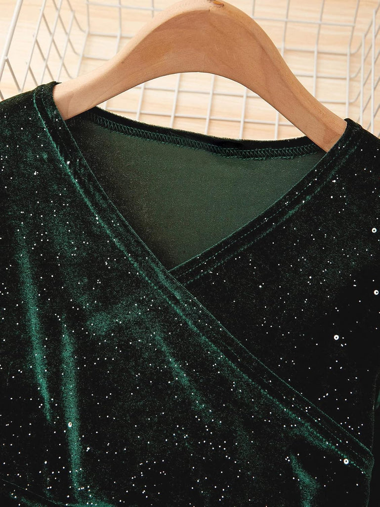 Girl's Velvet Glitter Wrap V Neck Long Sleeve A Line Party Dress