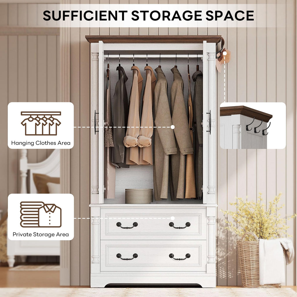 Armoire Wardrobe Closet 70" with 2 Drawers, White