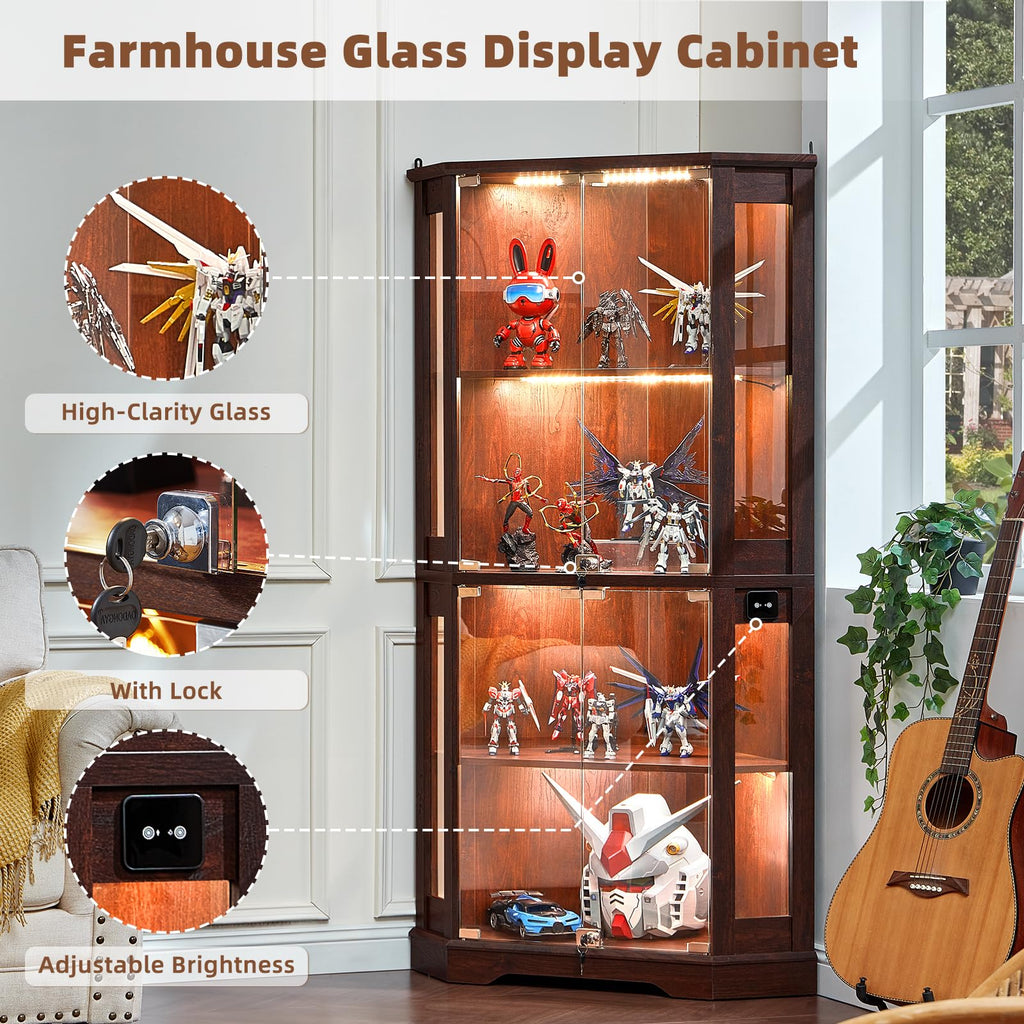 Farmhouse Corner Curio Cabinet with Lock, Walnut