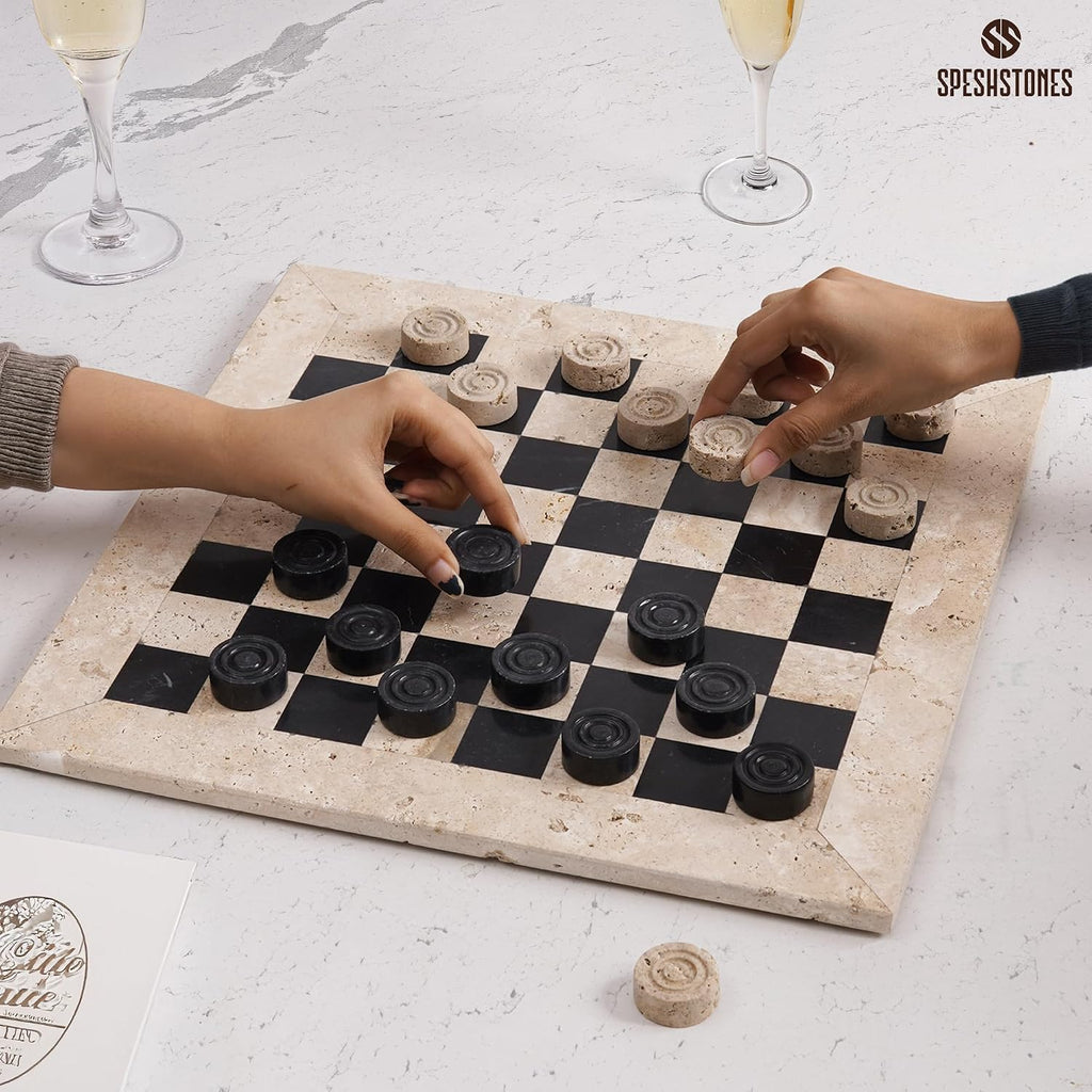 Marble Checkers Set 15 Inch Handmade Travertine & Black