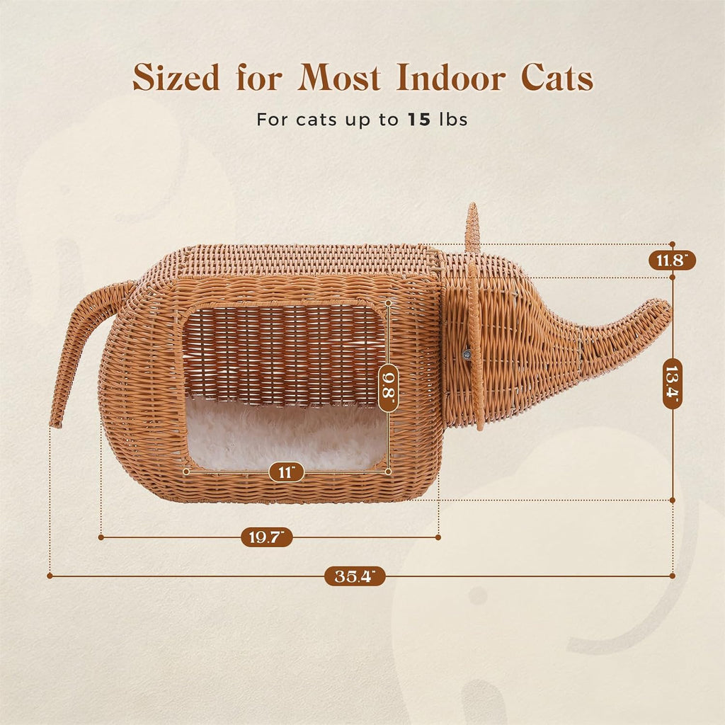 Elephant Shaped Rattan Cat Bed, Breathable Hand-Woven Wicker Cat Cave