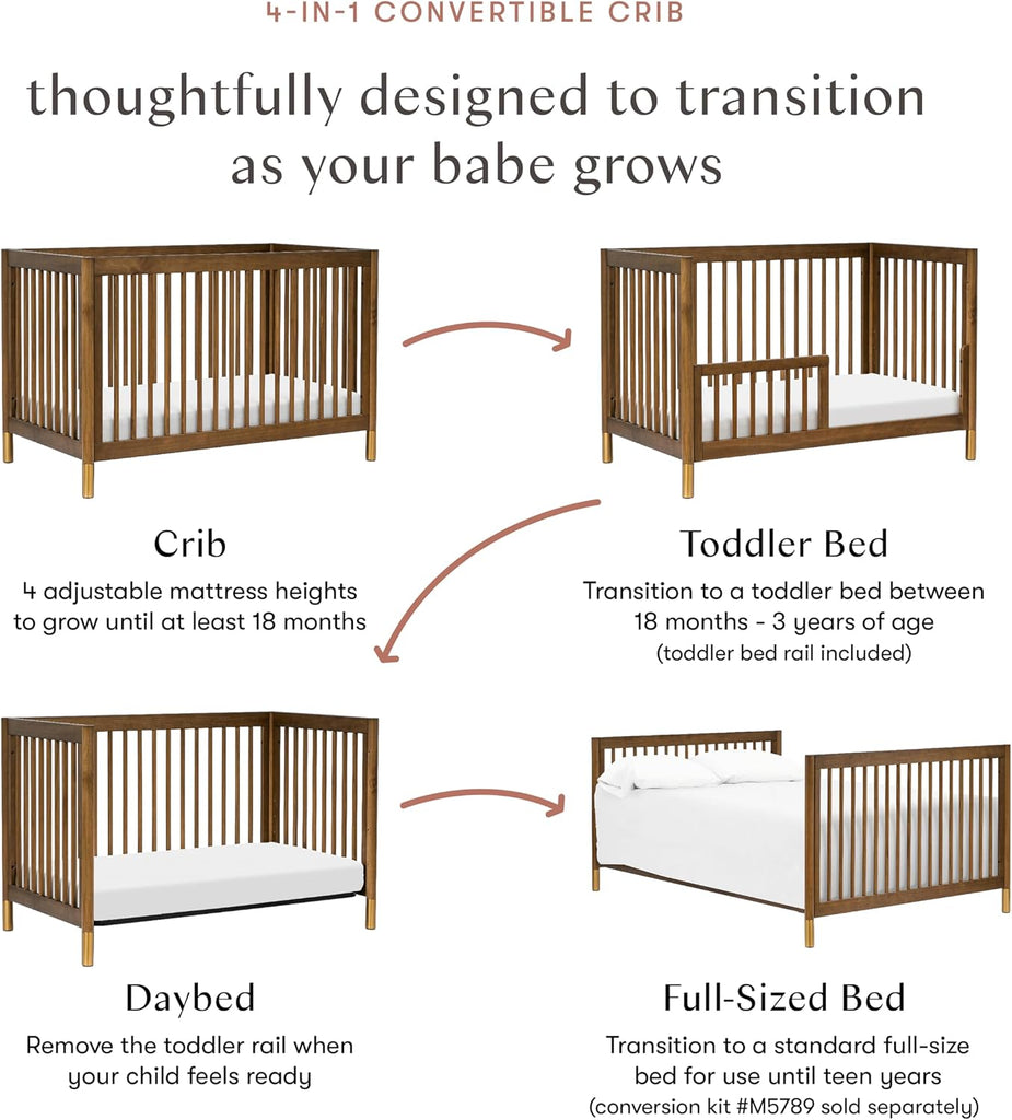 Gelato 4-in-1 Baby Crib, Natural Walnut & Brushed Gold Feet | GREENGUARD Gold Certified Convertible Crib - Converts
