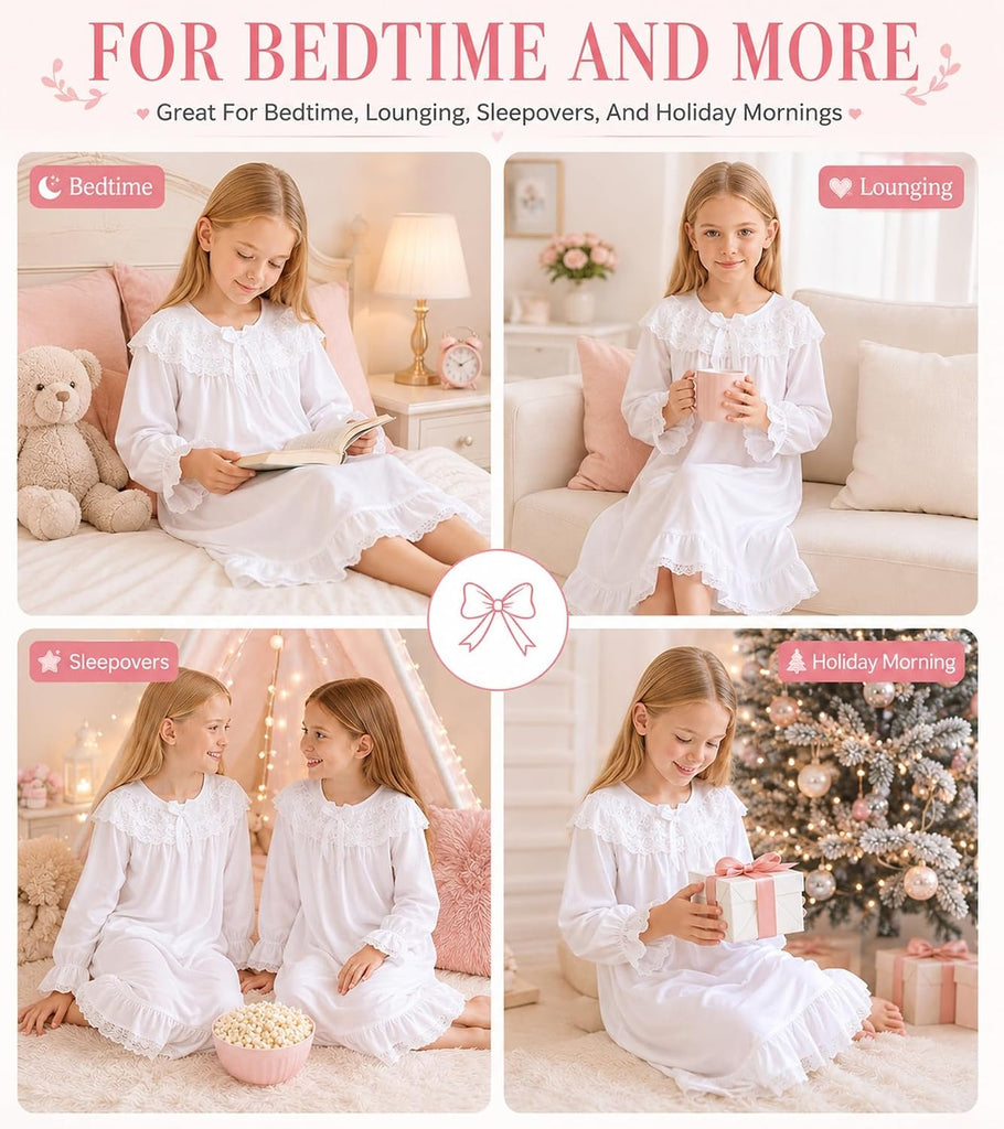 Girls Nightgowns Lace Long Sleeve Princess Pajamas Dress