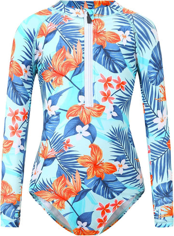 Girls Long Sleeve One-Piece Swimsuit: Bathing Suit Rash Guard UV Protection Zip Up