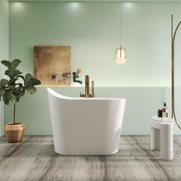 43" Premium Japanese Solid Surface Free Standing Bathtubs, Unique Small Matte White Stone Resin Soaking Tub with