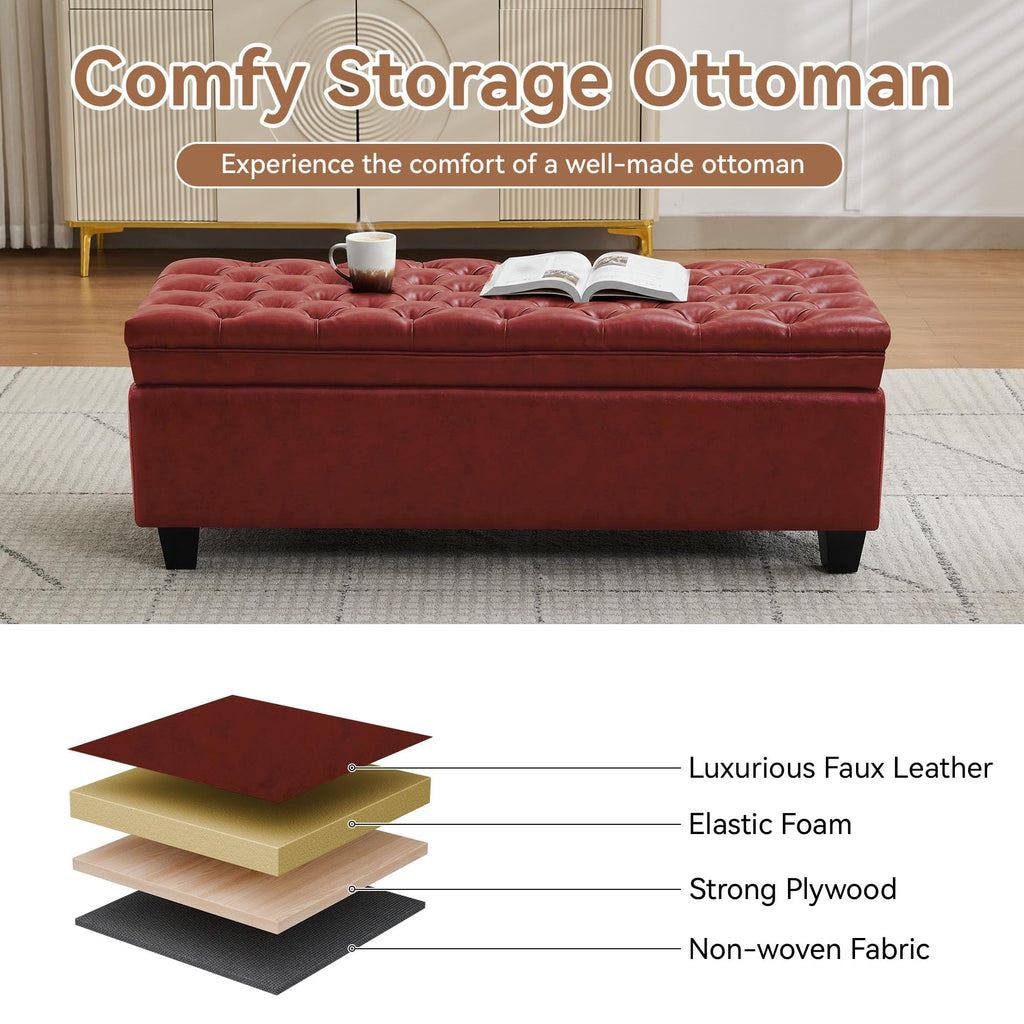 50" Faux Leather Storage Ottoman Bench, End of Bed Upholstered Rectangle Storage Ottoman Tufted Living Room Bedroom