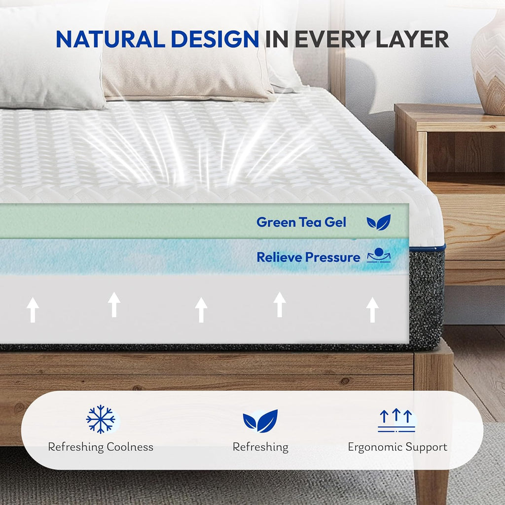 10 Inch Queen Size Mattress,Green Tea Gel Memory Foam,Medium Firm | Cool Night Sleep,Back Pain Relief,Enhanced