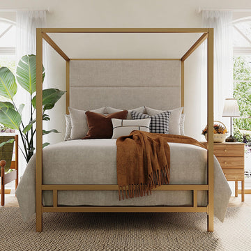 Queen Size Gold Metal Canopy Bed Frame, 76.5" Tall Linen Upholstered Headboard, 4-Poster Bed with 800 lbs Capacity