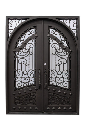 Canton Exterior Double Front Entry Door Wrought Iron with Operable Tempered Rain Glass Inside Swing Dark Bronze