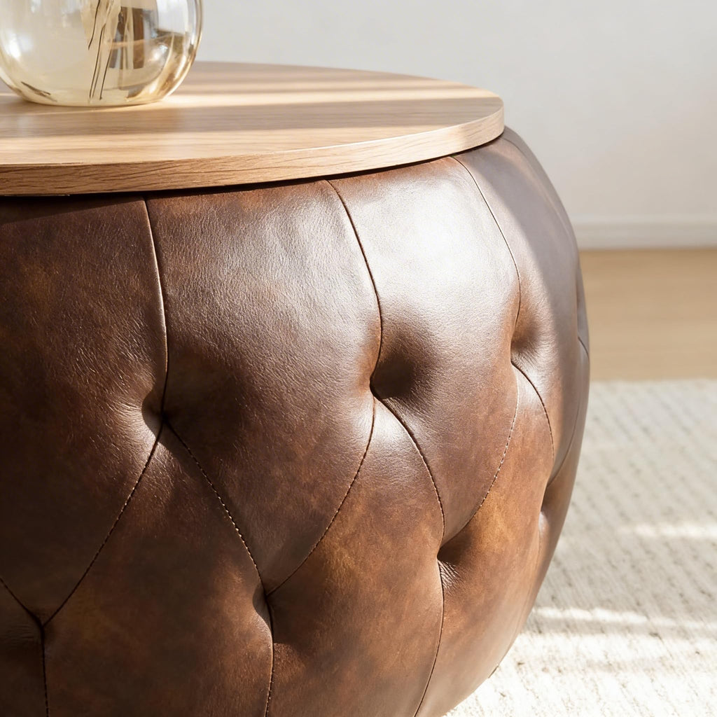 25 Inches Large Round Storage Ottoman, Modern Upholstered Ottoman Coffee Table, Wooden Top, Faxu Leather Surface