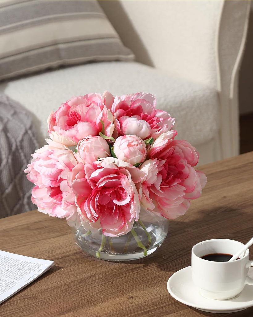 Artificial Peonies Flowers with Vase, Mixed Pink Silk Peony Bouquet with Faux Water in Glass Vase, Lifelike Fake