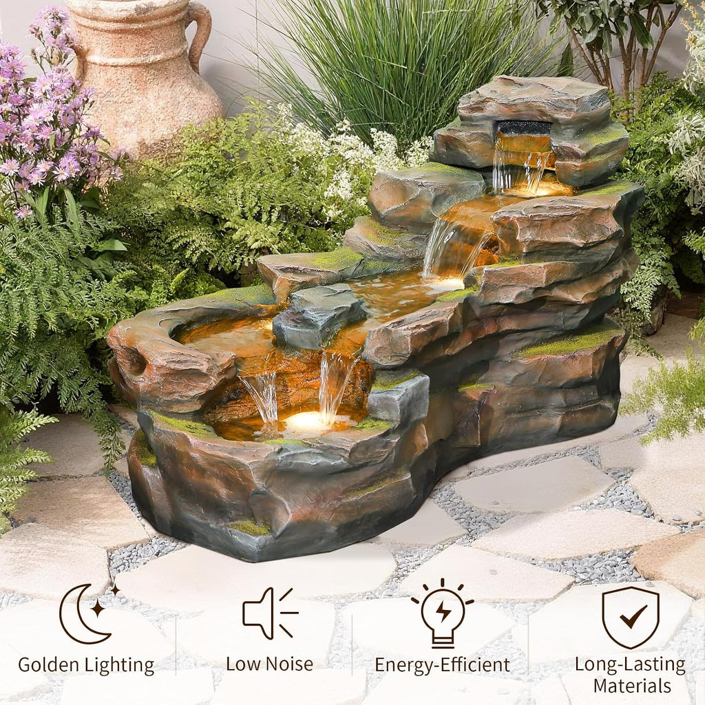 Water Fountain Outdoor Floor Standing 5-Tiers Rock Natural Waterfall Outdoor Garden Fountains with LED Lights