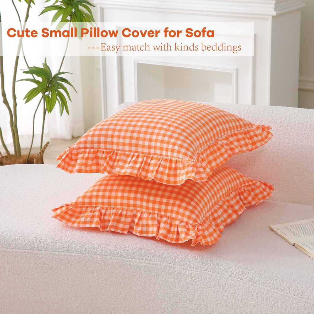 2 Pack Pumpkin Orange Gingham Ruffle Throw Pillow Covers 18"x18"
