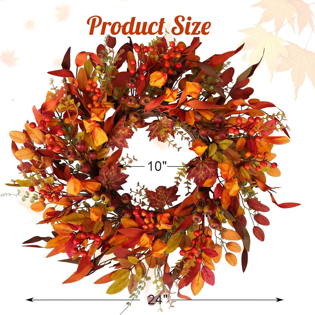 24 inch Berry Branches Fall Wreath for Front Door with Colorful Leaves