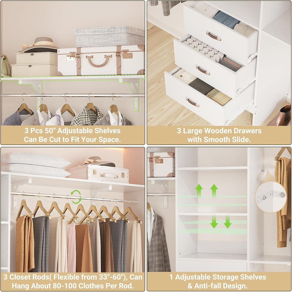 10FT Heavy Duty Closet System, 120 Inches Walk In Closet Organizer with 3 Wooden Drawers, 1300 LBS Built-In Wardrobe
