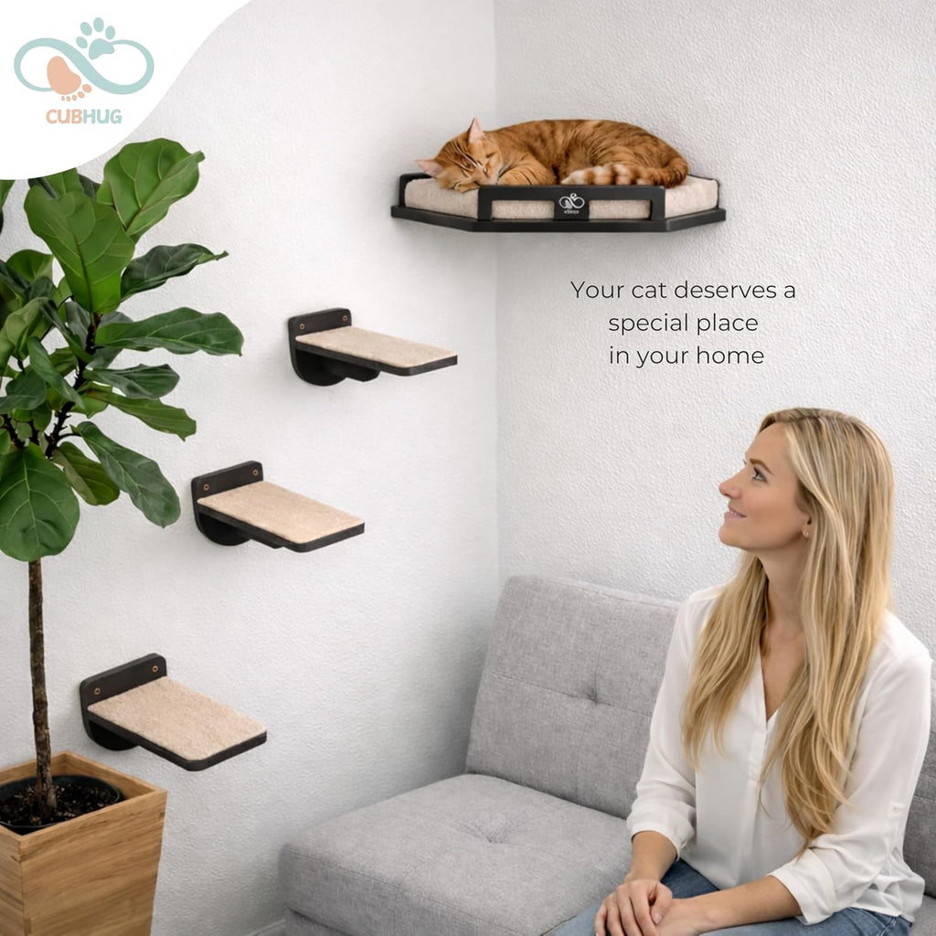 Cat Wall Shelves, Solid Wood Corner Bed, 3 Steps, Up to 25 lb, Black