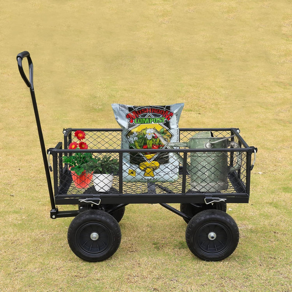 400 lbs 10" Rubber Tires Steel Garden Cart with 180° Rotating Handle and Removable Sides, 4 Cu.Ft Capacity Utility