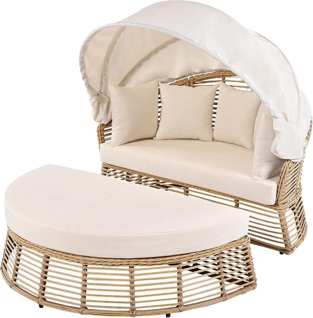 Outdoor Patio Round Daybed, Sun Bed with Adjustable Backrests and Foldable Cup Trays, Reclining Outdoor Lounger