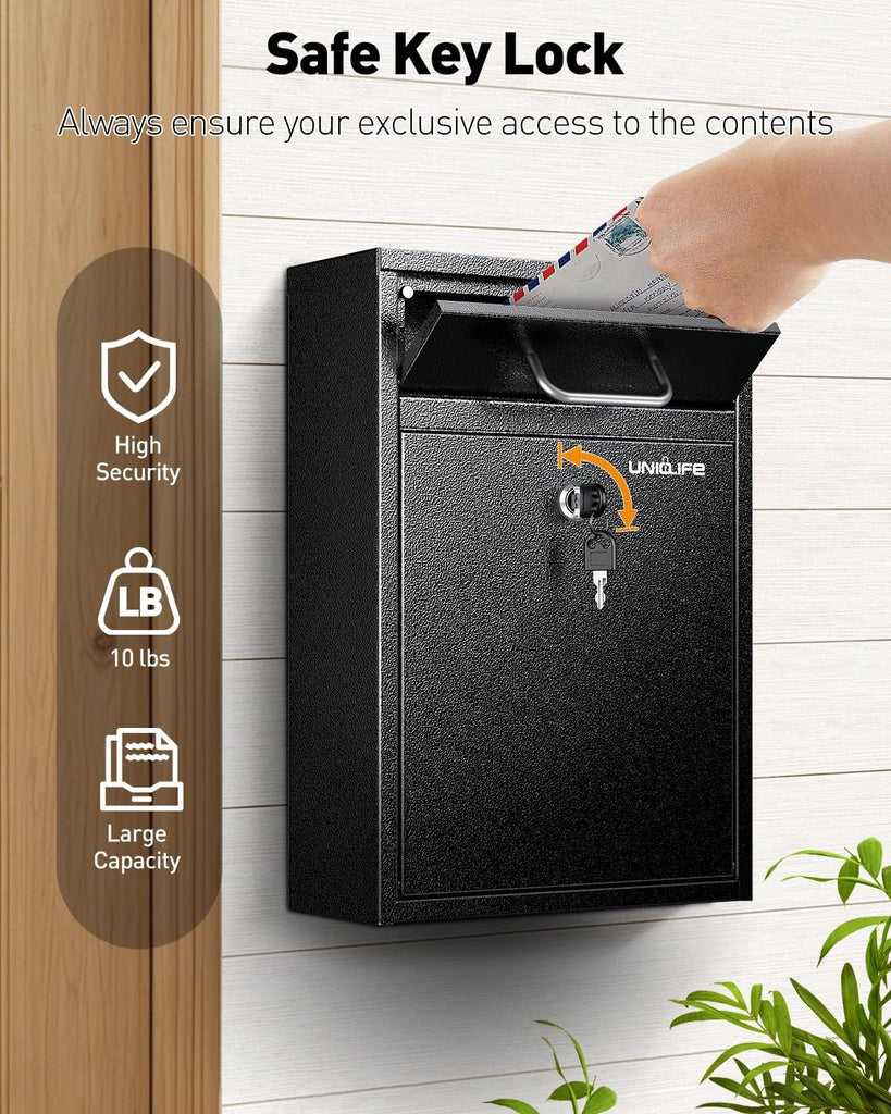 Wall Mount Mailbox Theft Heavy Duty Locking Mailbox, Large Mailbox with Key Lock, Security Mail Box, Safe Key Drop Box