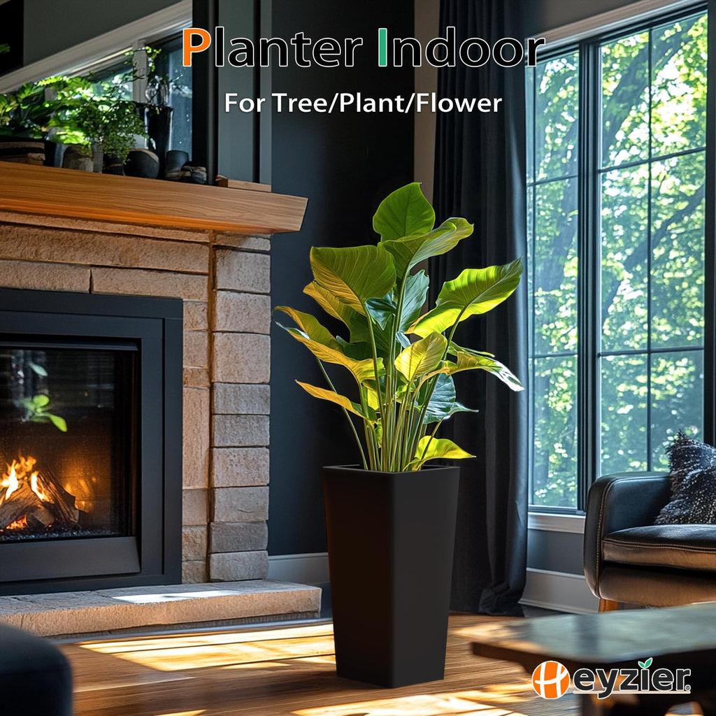 Tall Planters for Outdoor Plants, Large Resin Flower Pots for Garden, Front Porch, Patio, Indoor - Set of 2 (Black