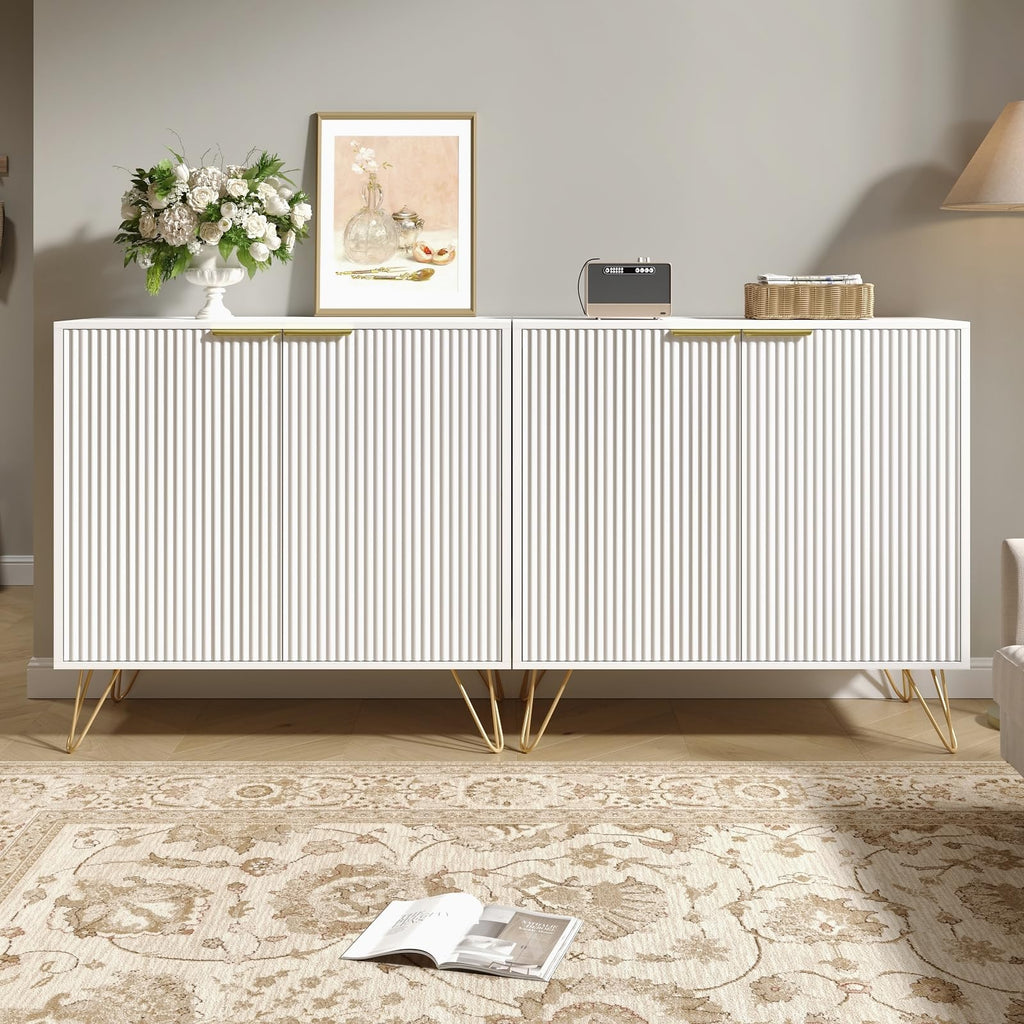 Storage Cabinet with 2 Fluted Doors and Adjustable Shelves, White, 2pcs丨Modern Wood Accent Table, Sideboard Buffet