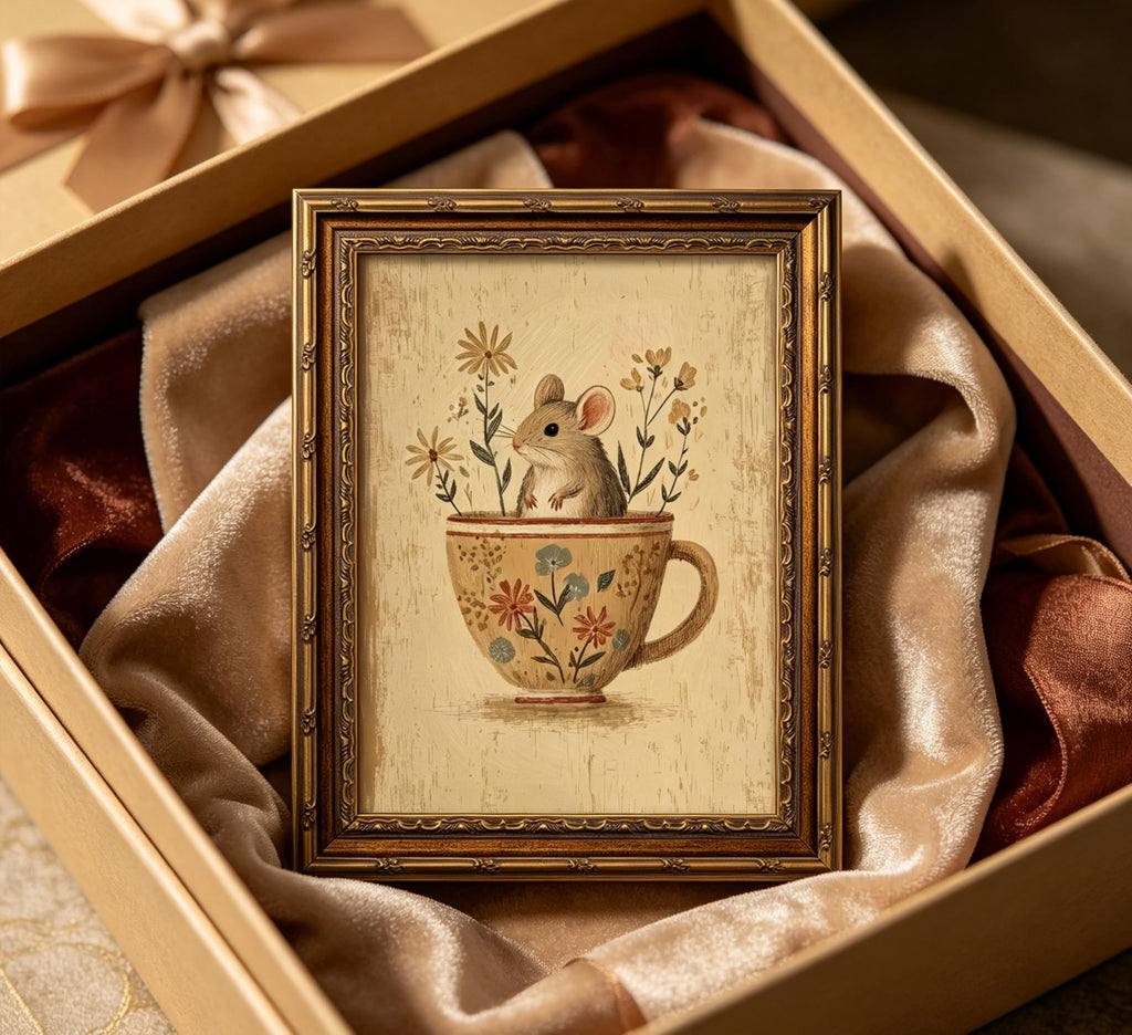 Vintage Gold Framed Mouse Wall Art, Rat in Floral Teacup Canvas Print, Cottagecore Whimsical Animal Picture Wall