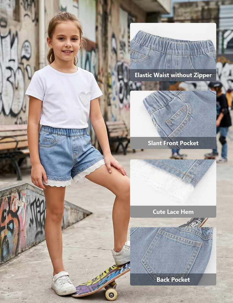Girls Lace Trim Denim Jeans Shorts Elastic Waist Pull On Summer Shorts with Pockets