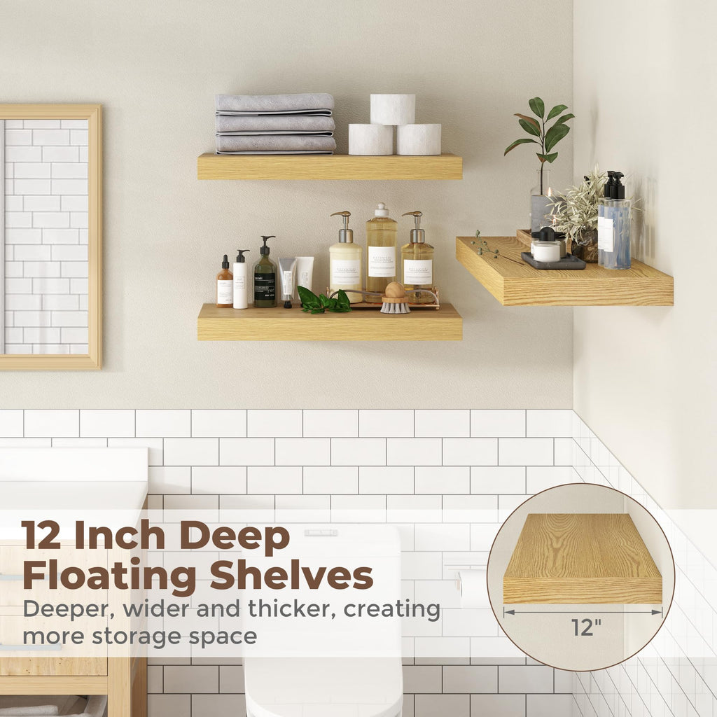 12 Inch Deep Floating Shelves, 60 Inch Long Extra Large Floating Shelves, Wall Shelves with Invisible Bracket, Oak