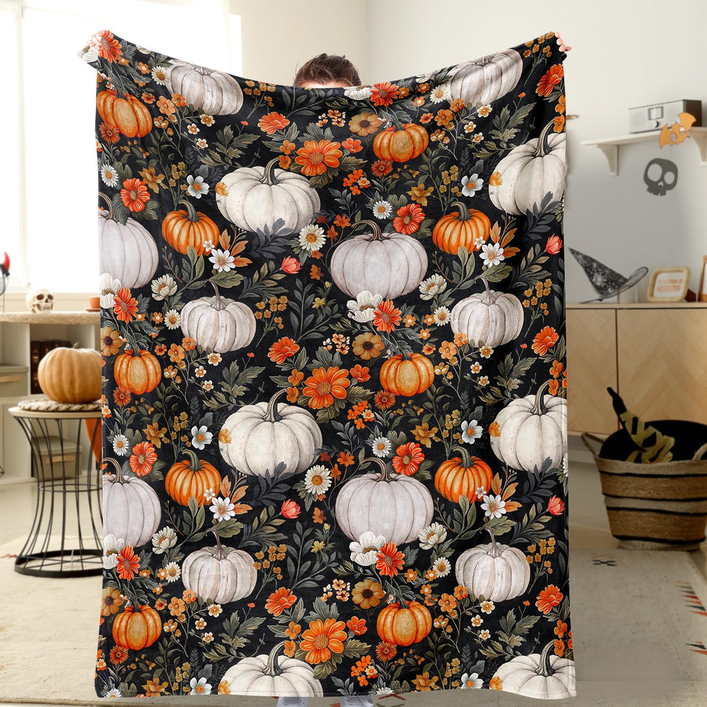 Fall Pumpkin Blanket Soft Autumn Harvest Throw Blankets Vintage Floral Throw Watercolor Flannel Fleece Bed Cover Warm