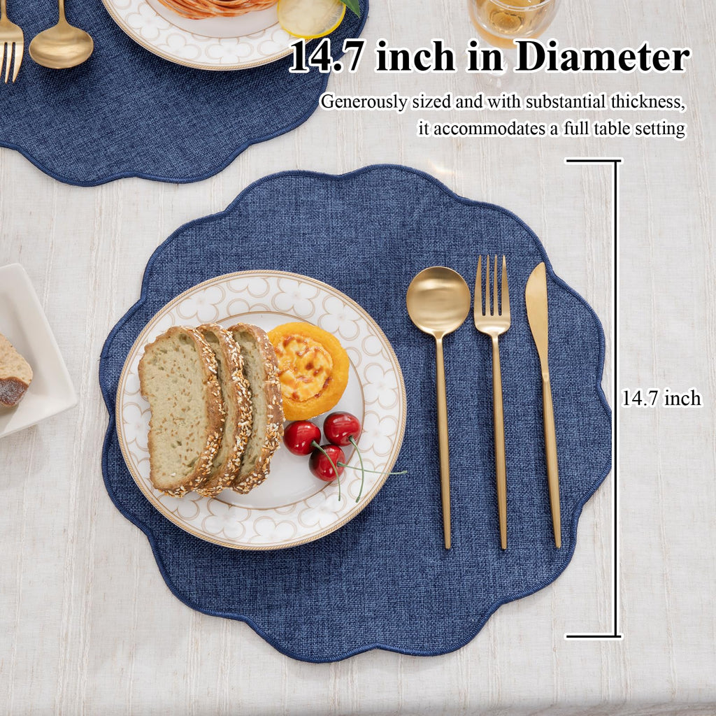 Navy Blue Round Scalloped Placemats Set of 4 Polyester Linen Blend