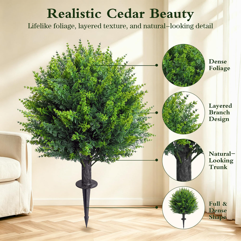 25" Artificial Cedar Topiary Ball Tree, Set of 2 with Ground Spikes, UV Resistant Faux Cypress Plants, Evergreen