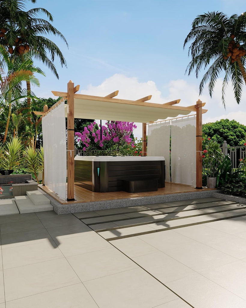 10x13 Ft Outdoor Pergola with Retractable Canopy Aluminum Gazebo Imitation Wood-Grain Post with Side Mesh