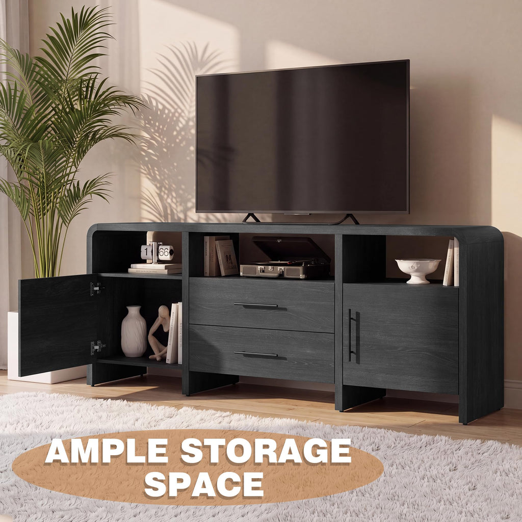 70" Curved TV Stand with Storage for TVs Up to 80", Modern Entertainment Center with 3 Open Shelves & 2 Drawers