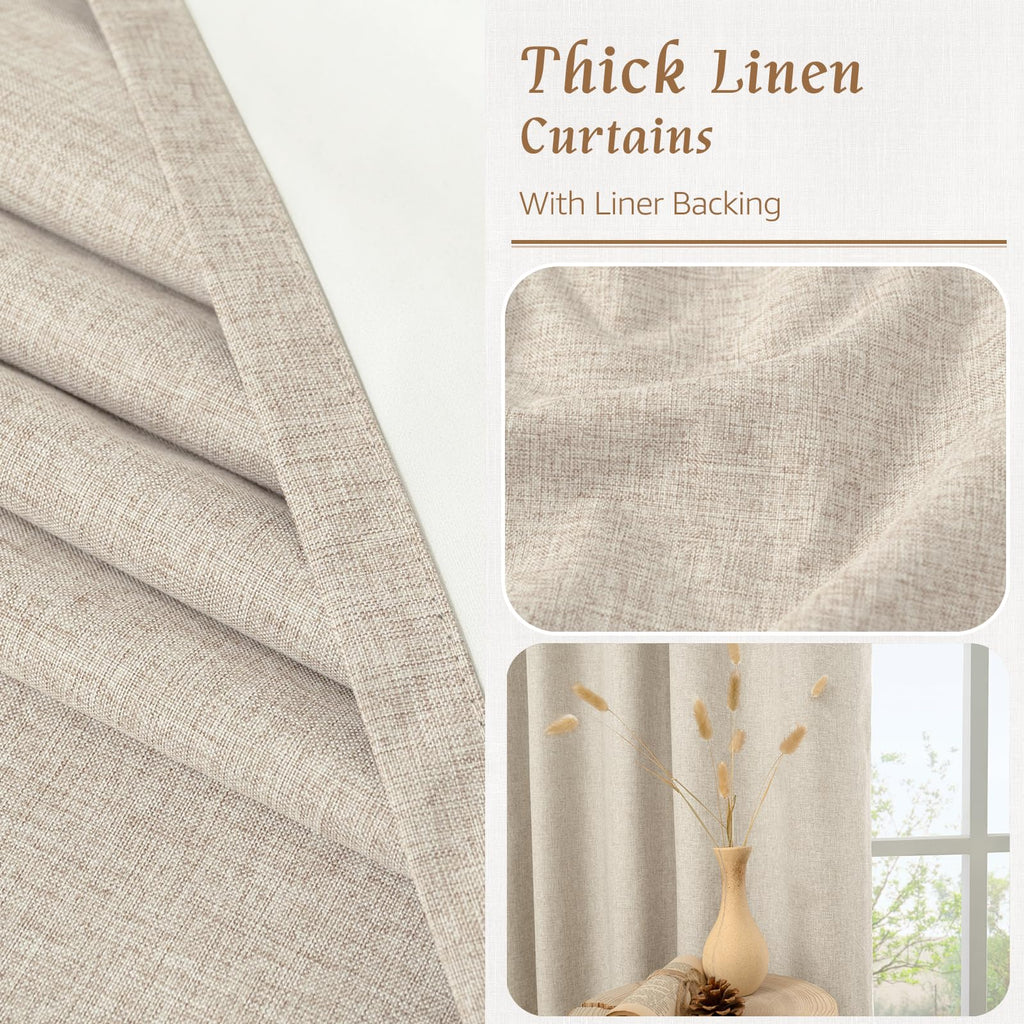 100% Blackout Linen Bedroom Curtains 63 Inches Long 2 Panels