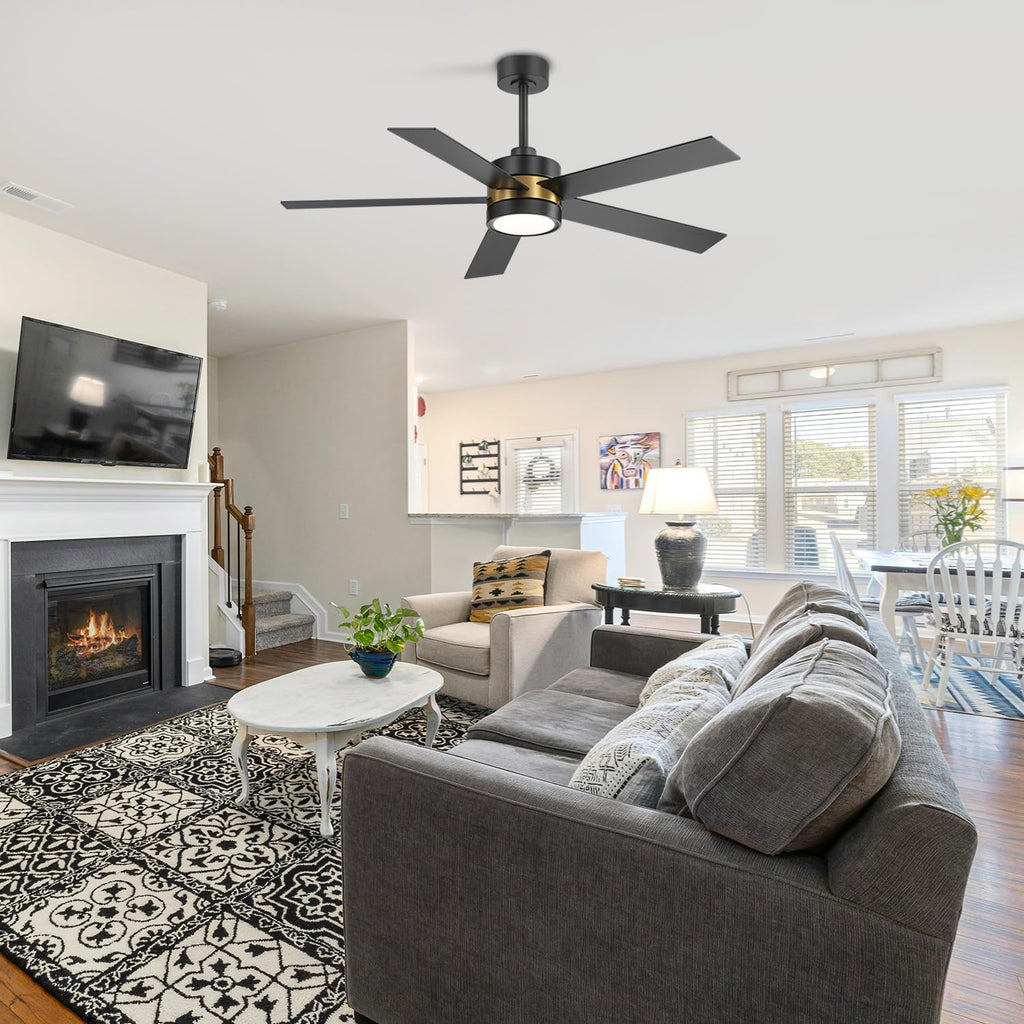 Ceiling Fan with Light, 52 Inch Modern Industrial Ceiling Fan with Reversible DC Motor, Downrod Mount Black and Gold