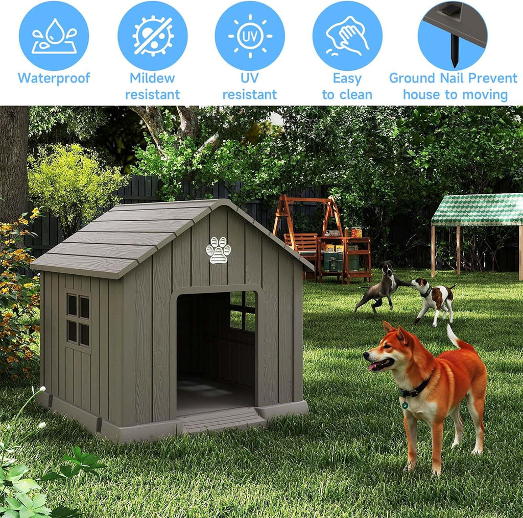 Dog House Outdoor Indoor, Dog House Weatherproof Resin Shelter with Air Vents and Elevated Floor for Small Medium