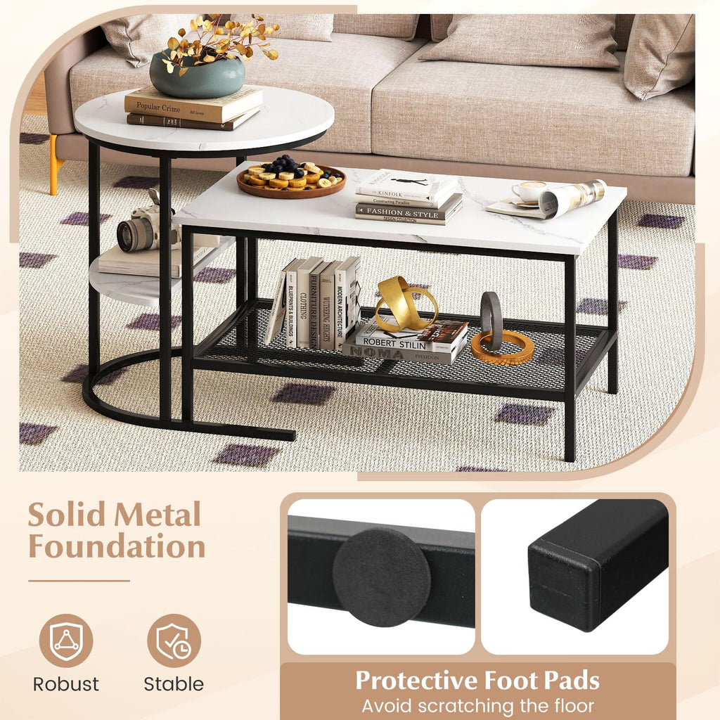 Nesting Coffee Set of 2, 2 PCS Nesting Tables with Faux Marble Top and Extra Storage Shelf, Modern Round End &