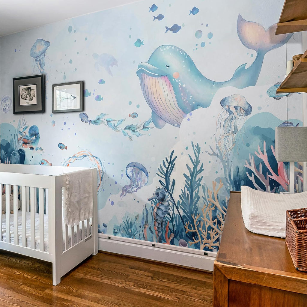 Large Kids Room Blue Ocean Theme Nursery Wallpaper Mural Peel and Stick | 148"W x 110"H Cartoon Undersea World Ocean