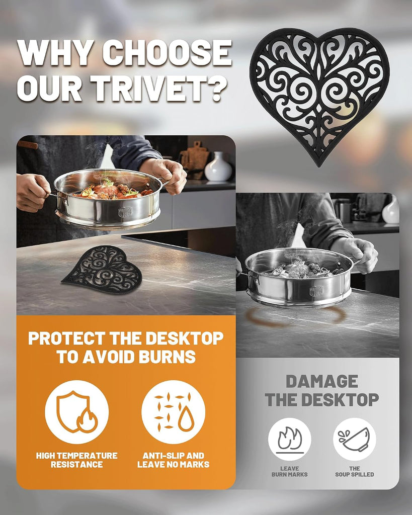 Black Heart Cast Iron Trivet & Dining - Romantic Decorative Hot Dish Pad, Heat Resistant Pot Holder with Raised Feet