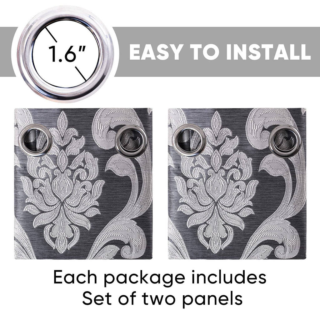 Damask Curtains, Gothic Jacquard Curtain Drapes with Floral Patterns, Grey Curtains 96 Inch Length, Set of 2 Panels