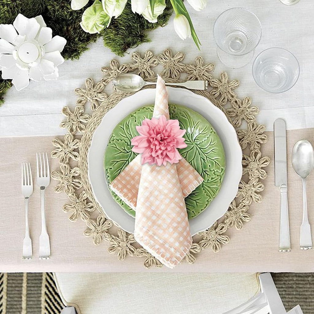 Farmhouse Flower Napkin Rings, Faux Pink Dahlia Napkin Ring, Natural Serviette Buckles Holder for Gift,Table - Set of 8