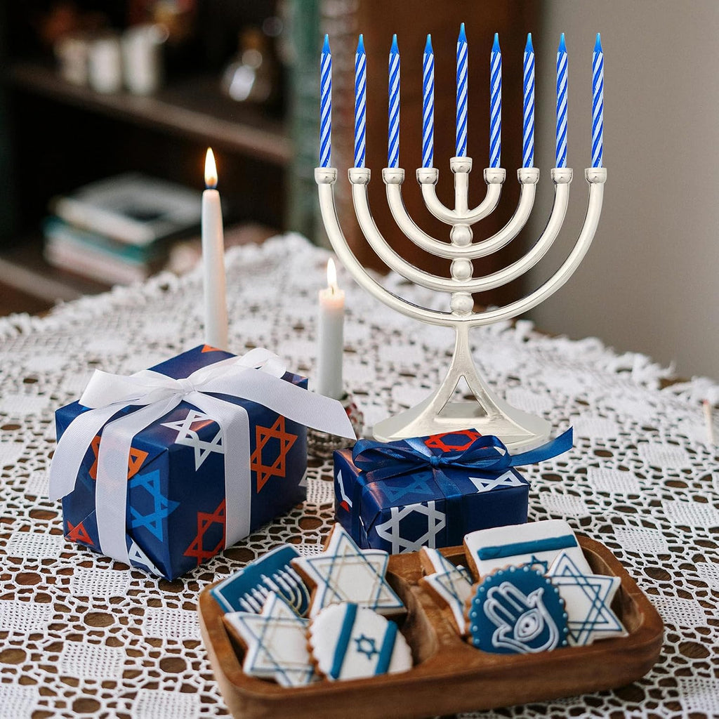 Hanukkah Silver Mini with Candles Classic 5 inch Great for Travel, Hanukkah Decor Centerpiece