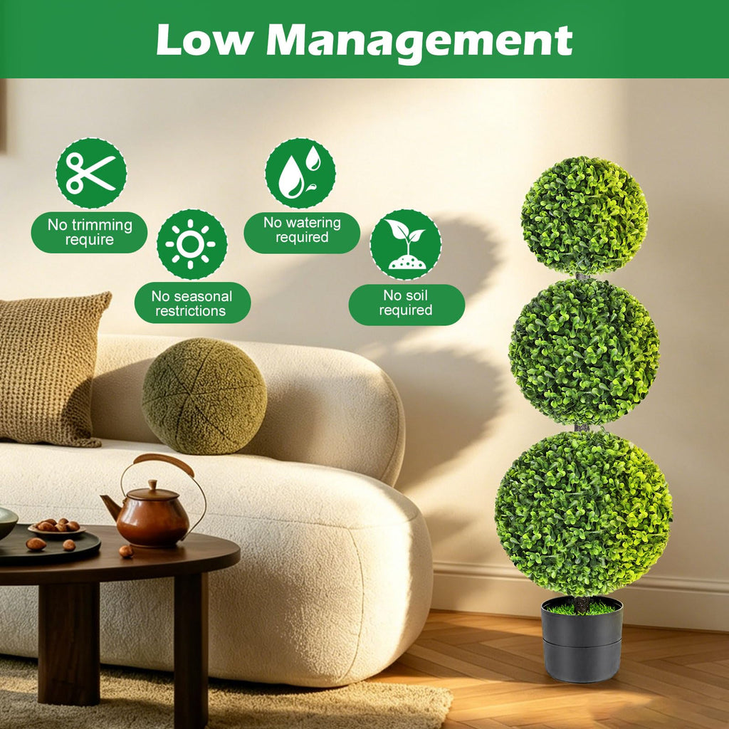 3FT Realistic Artificial Boxwood Triple Ball Topiary Tree with Pot/Ground Stake, UV-Resistant Faux Topiary Plant