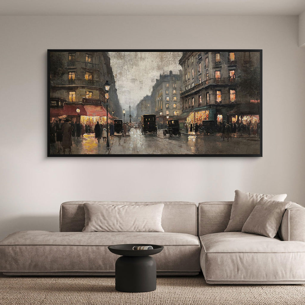 Vintage Paris Street Canvas Print, Black Framed Wall 40x20 Inch